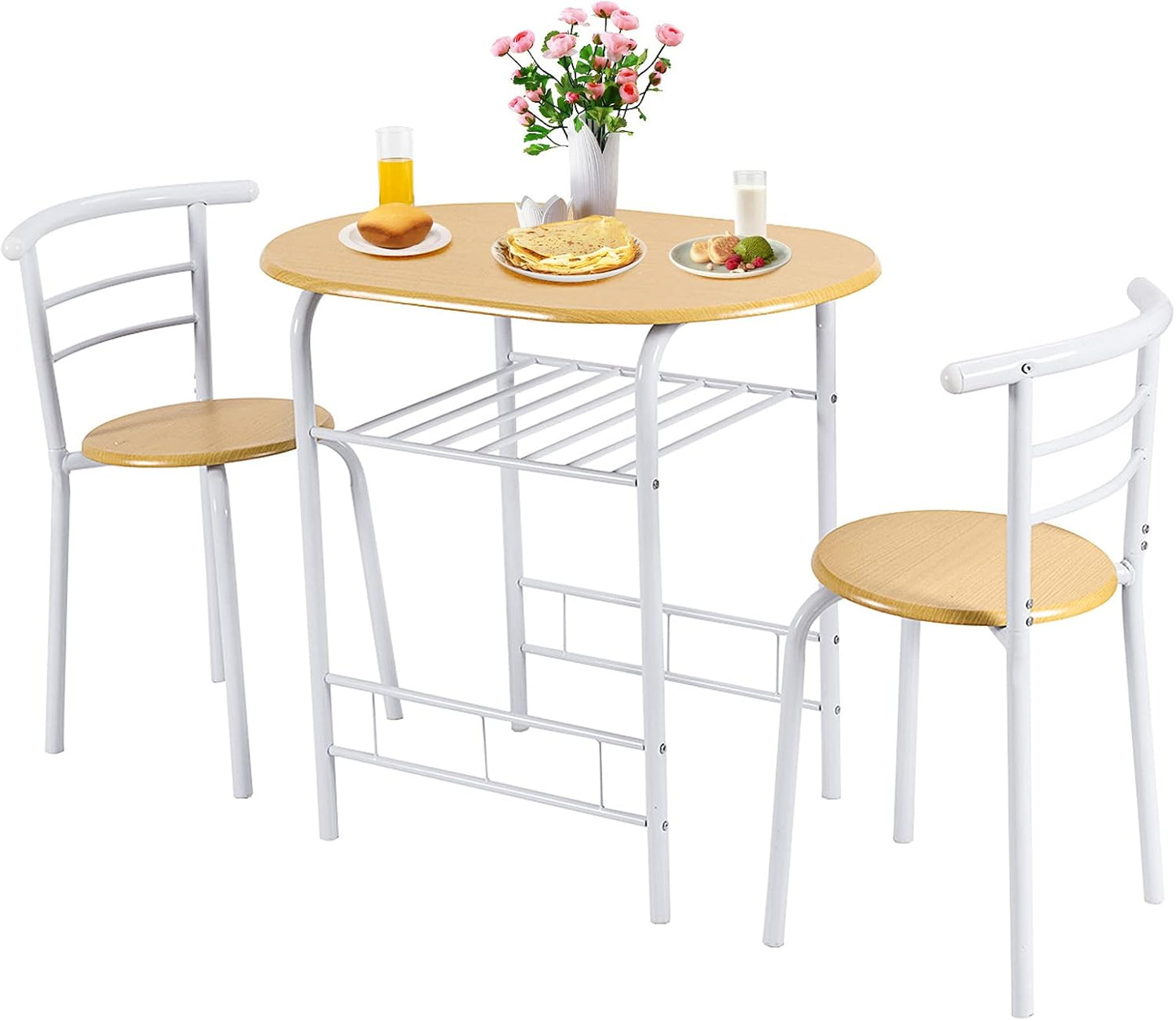 GiantexUK 3-Piece Dining Table Set, Metal Frame Kitchen Table Set with Storage Shelf