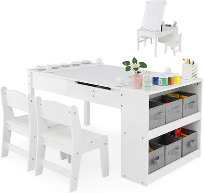 2-in-1 Kids Art Table and Chairs Set, Wooden Toddler Craft Easel Desk with 2-Tier Open Shelf, Storage Bins, Paper Roll and Paint Cups (5 Cups)