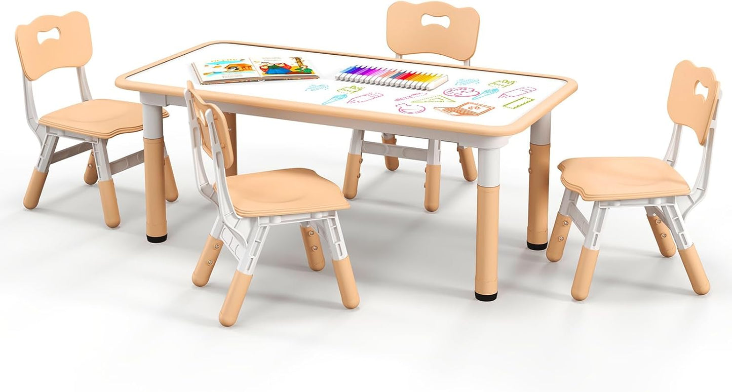 Kids Table and 4 Chairs Set, Height Adjustable Toddler Art Tables with Graffiti Desktop