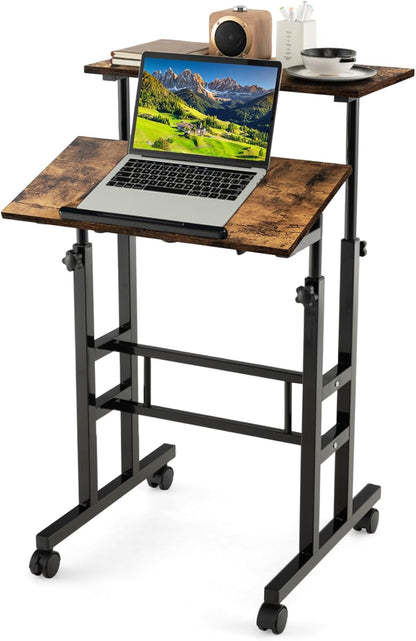 Height Adjustable Standing Desk, Mobile Laptop Table Computer Desk with Flip-over Desktop and Wheels