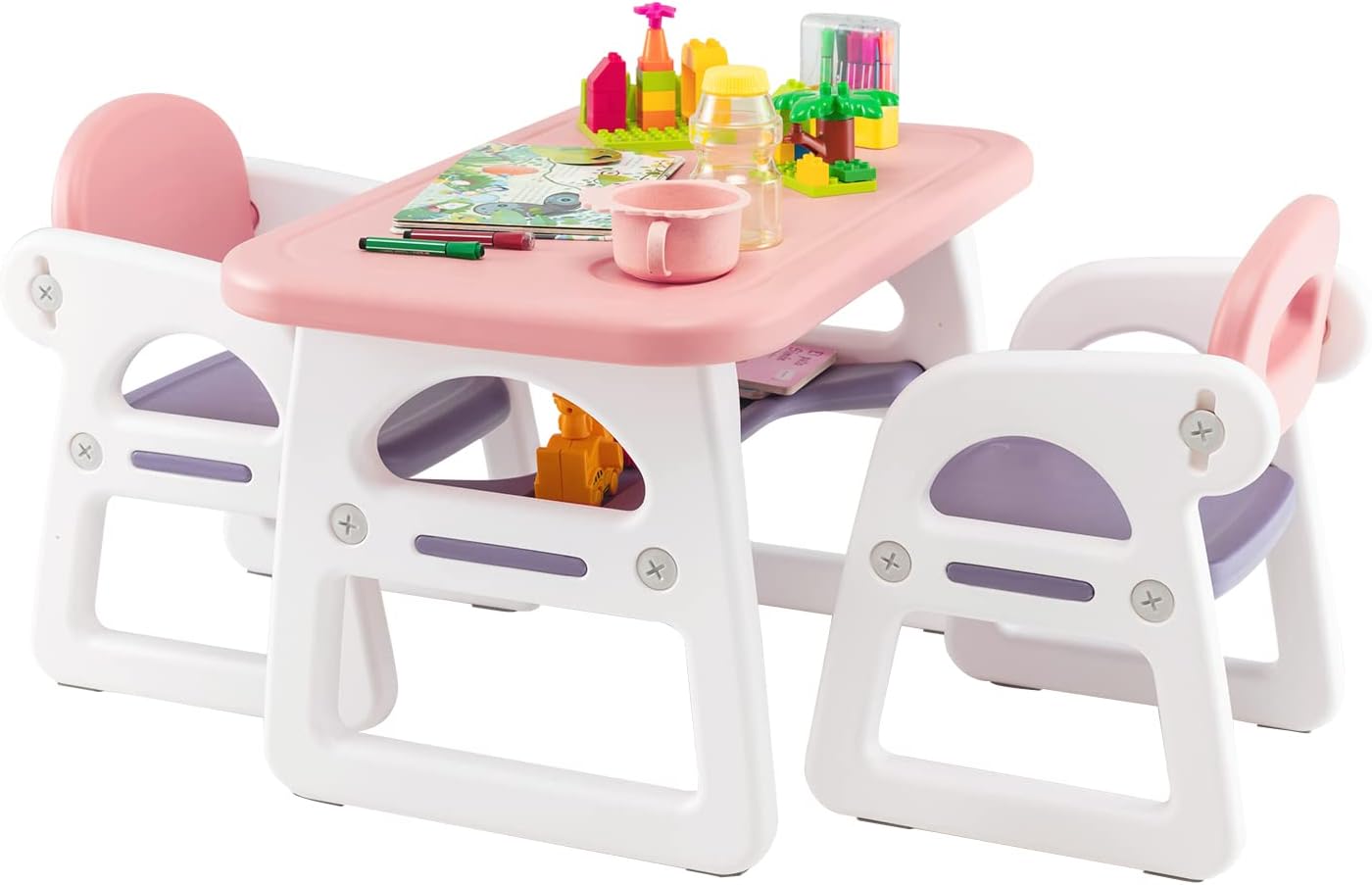 Toddler Table and Chairs Set, Plactic Children Activity Table with Storage Rack