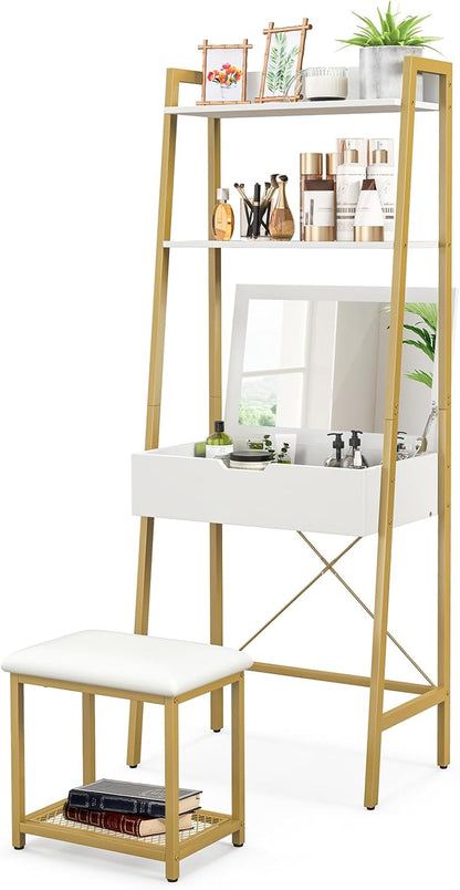 Dressing Table and Stool Set with Flip Top Mirror, Wooden Makeup Vanity Table Set with 2 Ladder Shelves