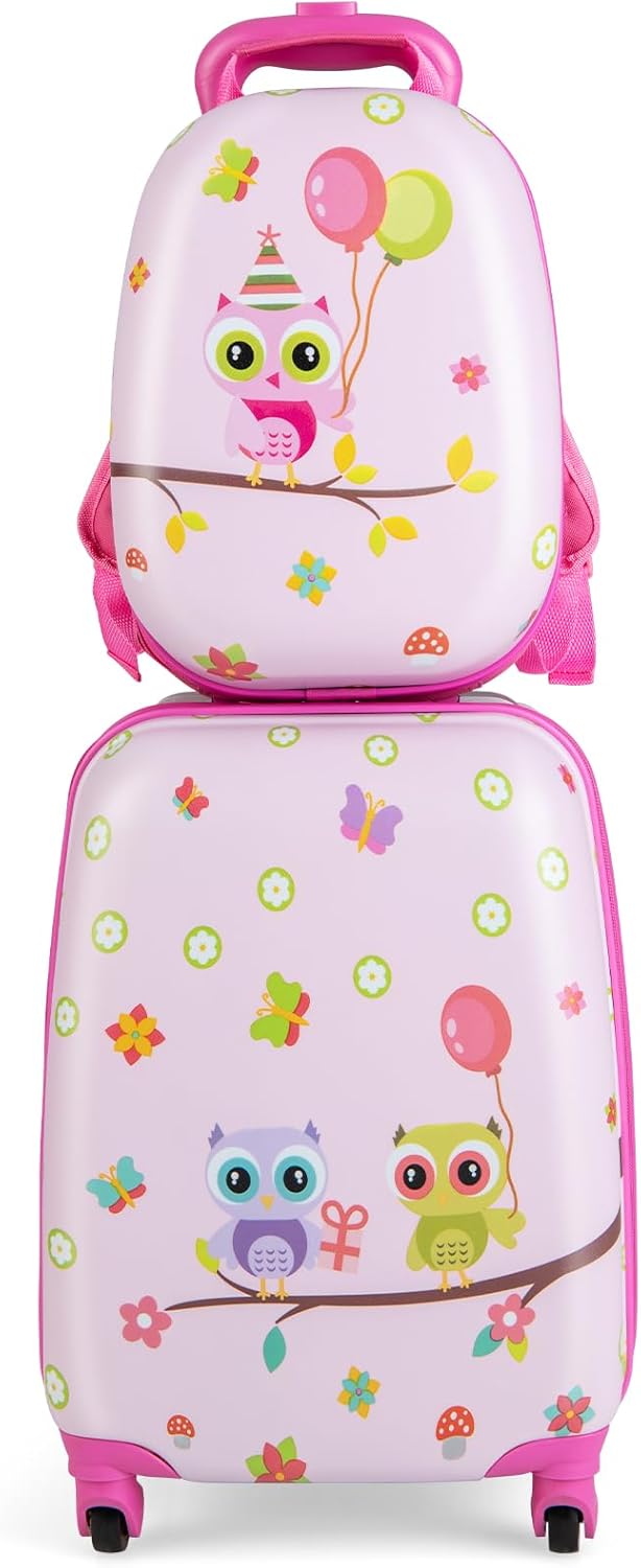 2Pc Kids Luggage Set, 12" & 16" Children Hand Trolley Case with 4 Spinner Wheels, Carry On Suitcase for Boys Girls Travel School