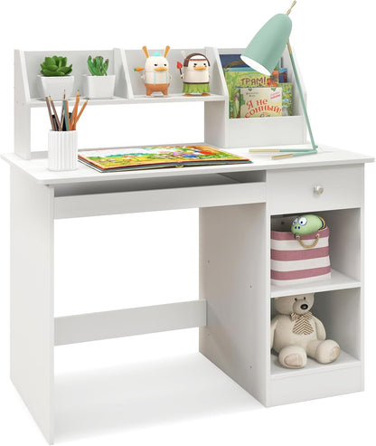 Kids Study Desk, Wooden Children Table with Drawer, Shelves, Hutch, Keyboard Tray