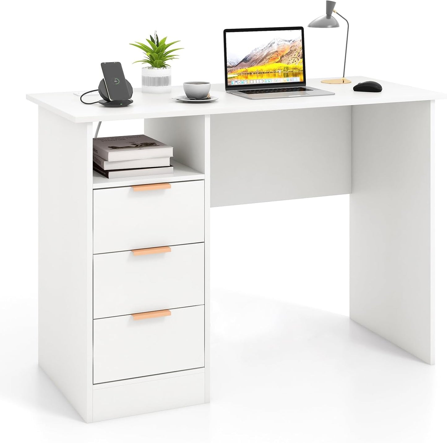 Computer Desk, Wooden Study Table Writing Workstation with Power Outlet, USB Ports, 3 Storage Drawers and Open Compartment