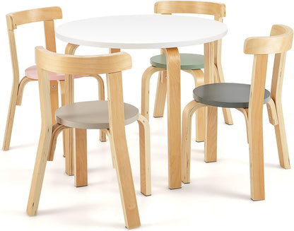 5-Piece Kids Table and Chair Set, Children Wooden Activity Table with 4 Curved Back Chairs