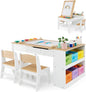 2-in-1 Kids Art Table and Chairs Set, Wooden Toddler Craft Easel Desk with 2-Tier Open Shelf, Storage Bins, Paper Roll and Paint Cups (5 Cups)