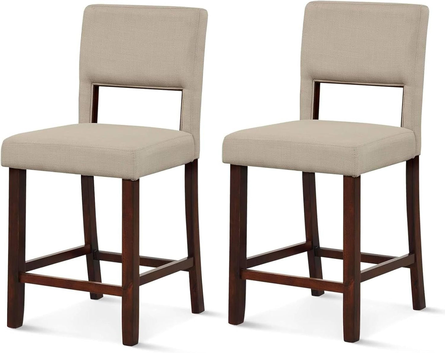 GiantexUK Bar Stools Set of 2, Upholstered Linen Fabric Kitchen Barstools with Hollowed Backrest & Footrests