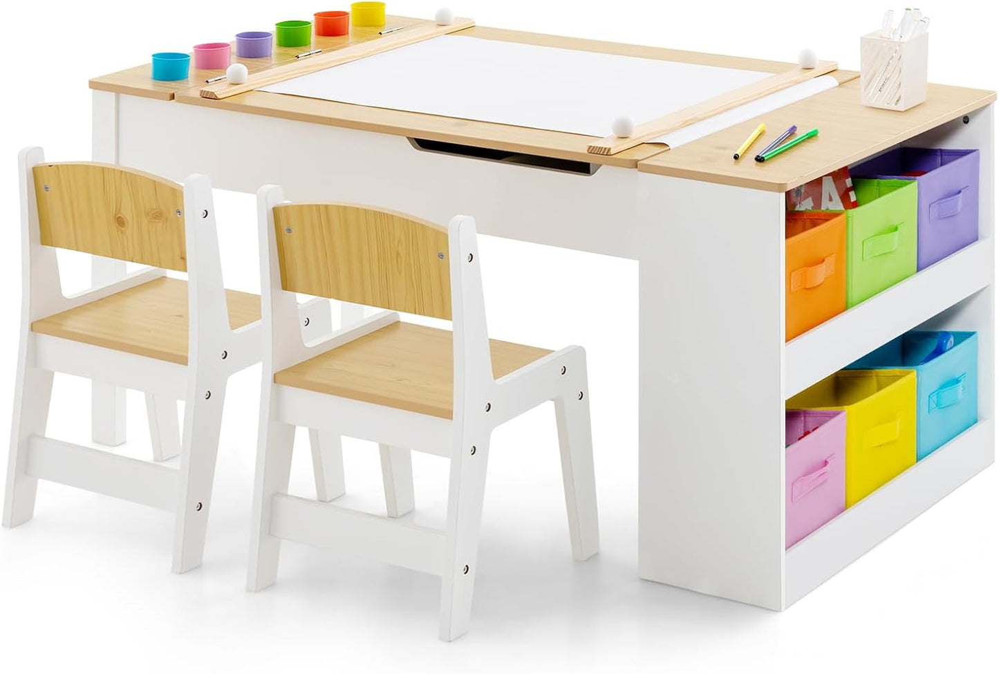 2-in-1 Kids Art Table and Chairs Set, Wooden Toddler Craft Easel Desk with 2-Tier Open Shelf (6 Cups)