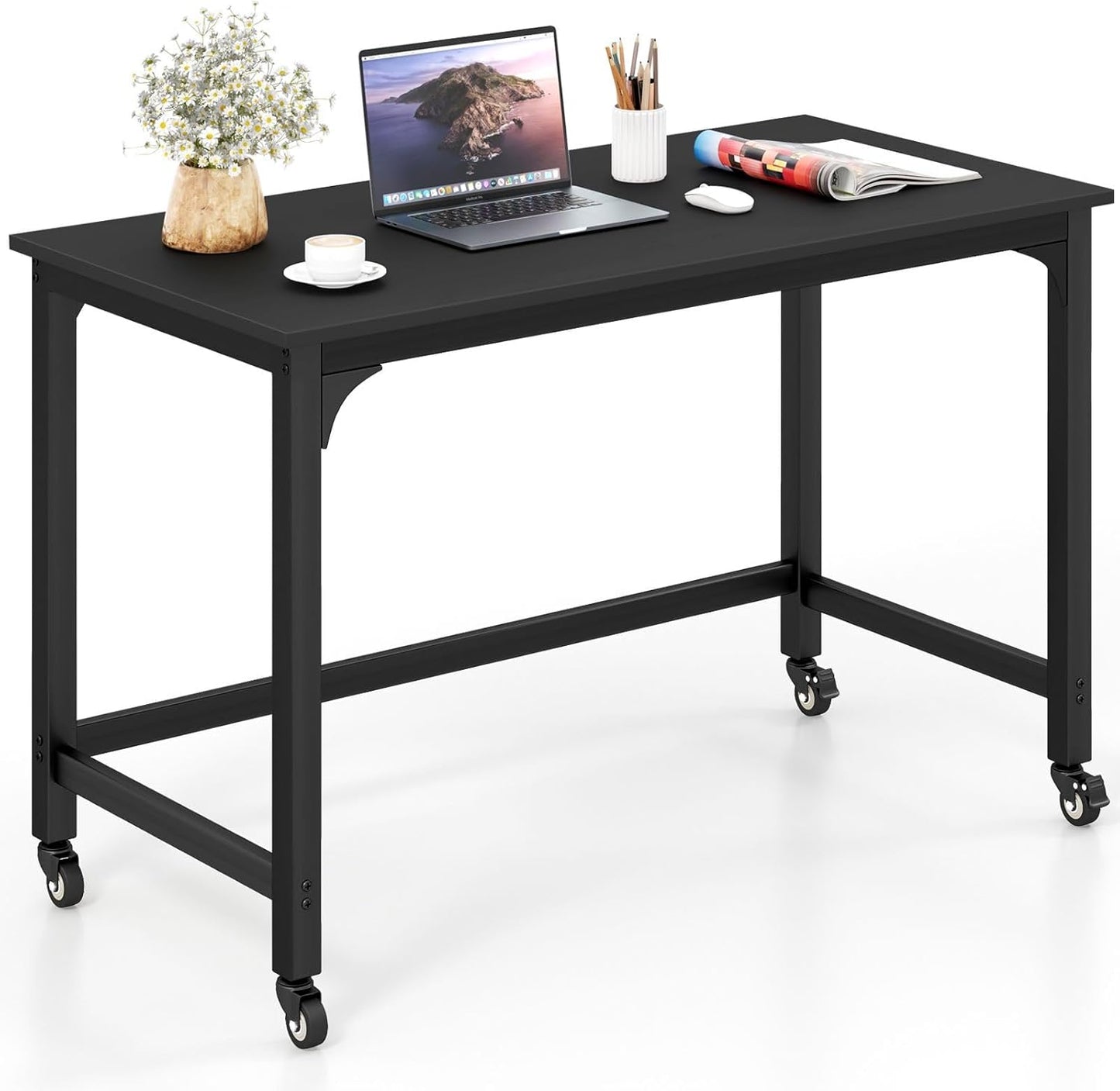 Rolling Computer Desk, 120cm Metal Frame Writing Desk with Wheels