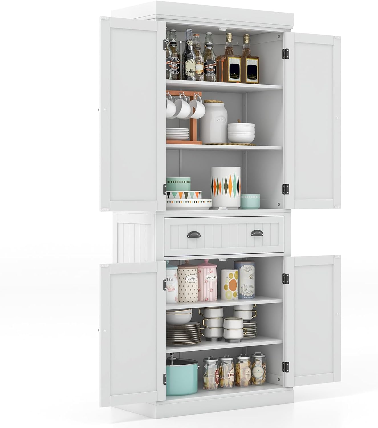 GiantexUK 183cm Tall Kitchen Cupboard, 4-Door Freestanding Pantry Cabinet with Adjustable Shelf, Drawer & Anti-Toppling Device