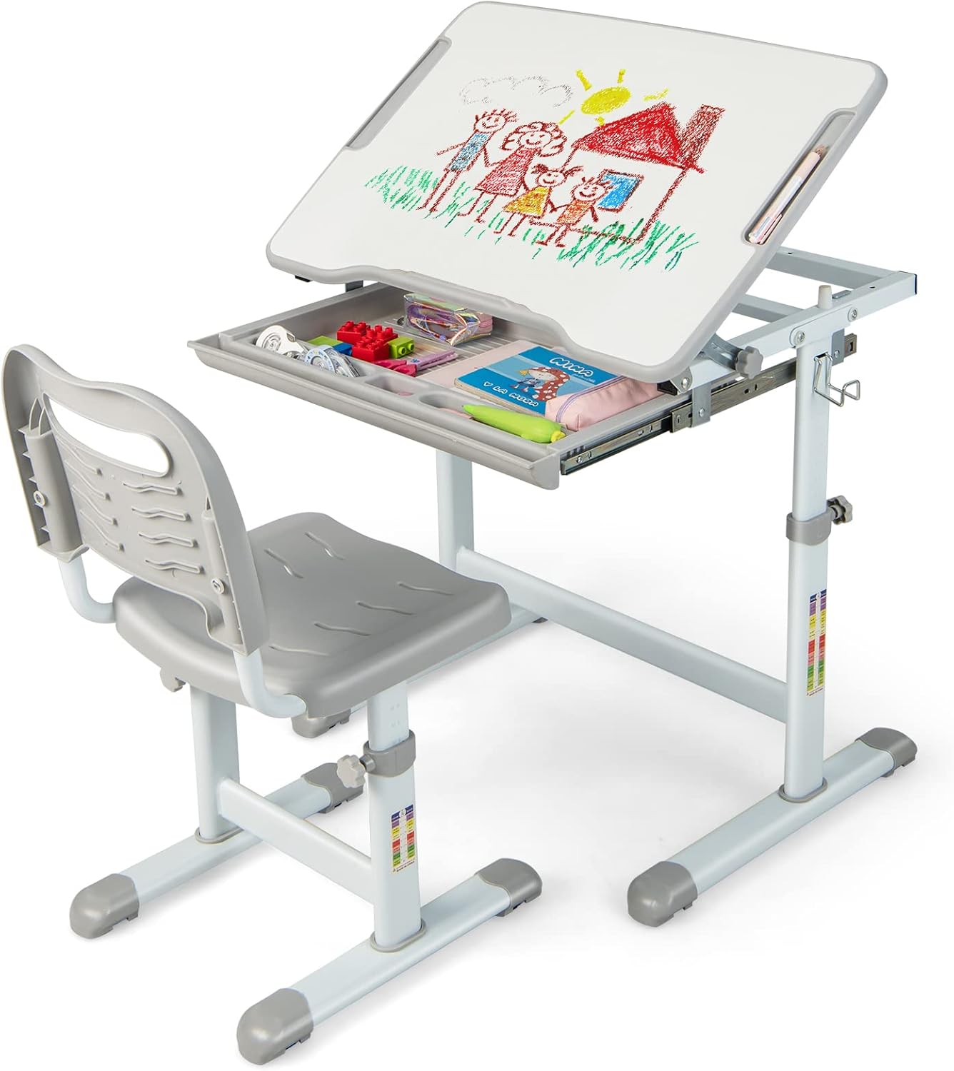 Kids Desk and Chair Set, Height Adjustable Study Table with Tilted Desktop, Drawer and Pen Slot