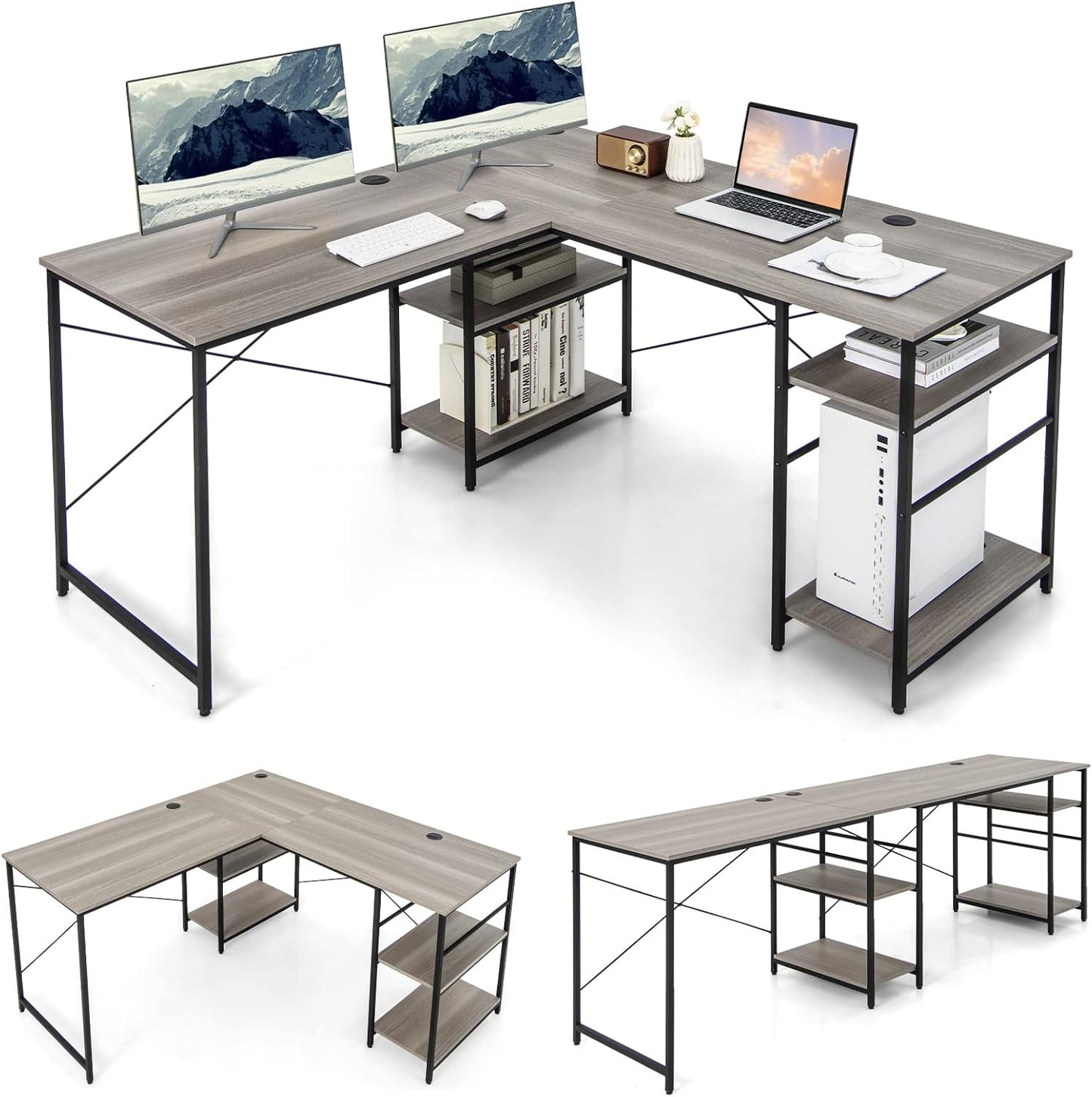 L-Shaped Computer Desk, 242cm Reversible Double Study Writing Workstation for 2 Person