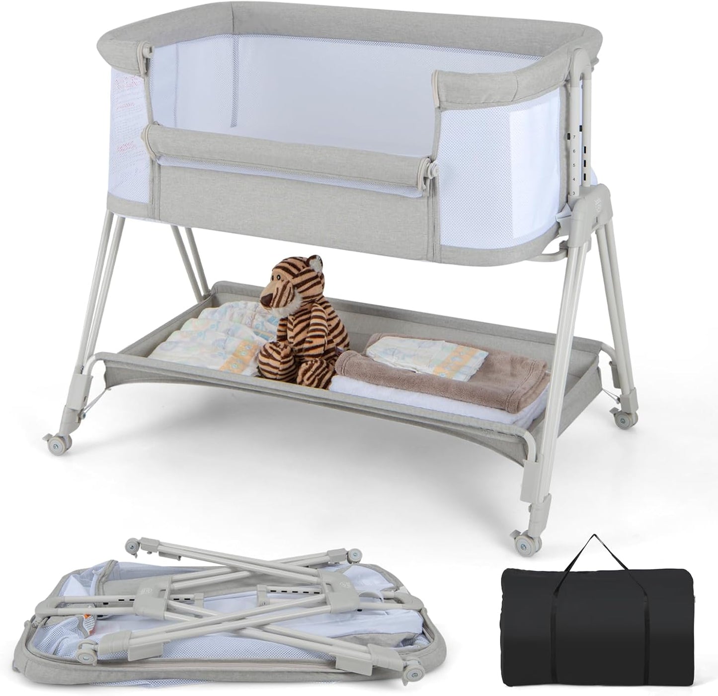 Baby Bedside Crib, Easy Folding Cot Bed with Mattress, All-Side Mesh, Storage Shelf and Travel Bag