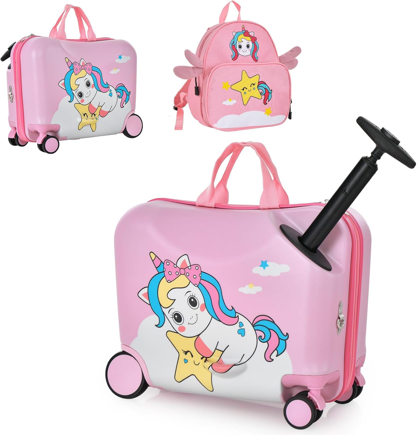 2 PCS Kids Luggage Set, 4L Backpack + 17L Ride-on & Carry-on Hardshell Suitcase with Wheels