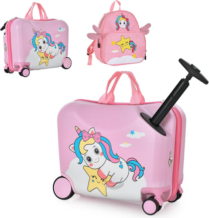 2 PCS Kids Luggage Set, 4L Backpack + 17L Ride-on & Carry-on Hardshell Suitcase with Wheels