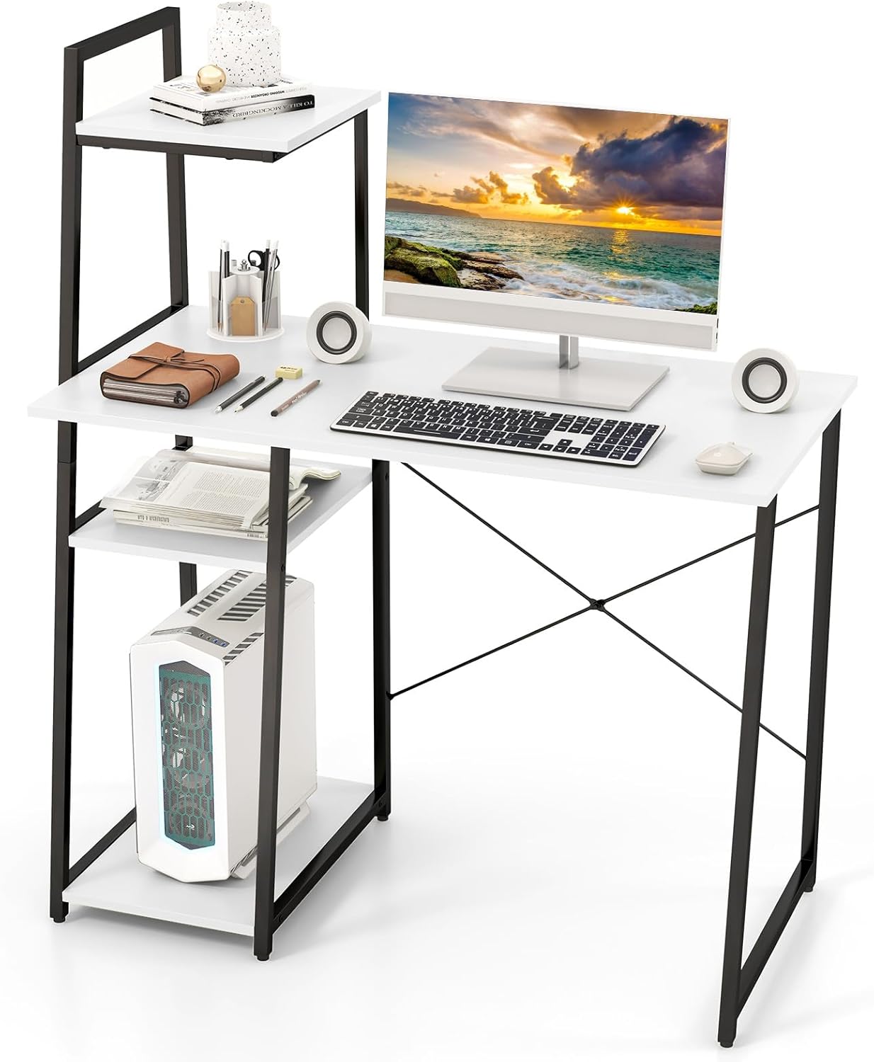 Wooden Computer Desk, 4 Tier Shelves Laptop Table with Foot Pads, Steel Frame Wide Desktop