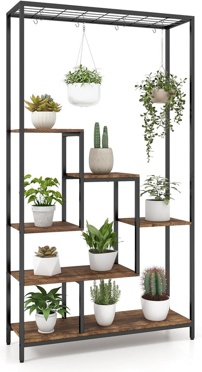 6-tier Tall Plant Stand, 180cm Metal Indoor Flower Pots Rack with 10 Hanging Hooks