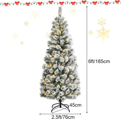 5ft/6ft Pre-lit Artificial Christmas Tree, Hinged Snow Flocked Xmas Tree with 140/200 LED Lights