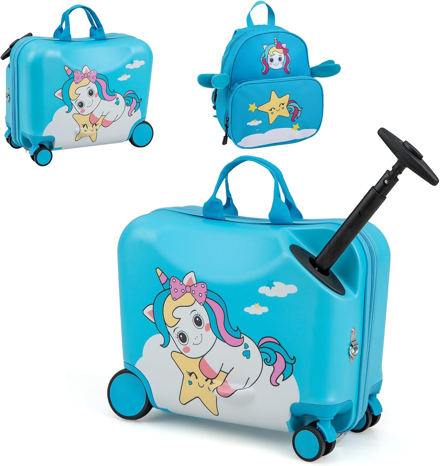 2 PCS Kids Luggage Set, 4L Backpack + 17L Ride-on & Carry-on Hardshell Suitcase with Wheels