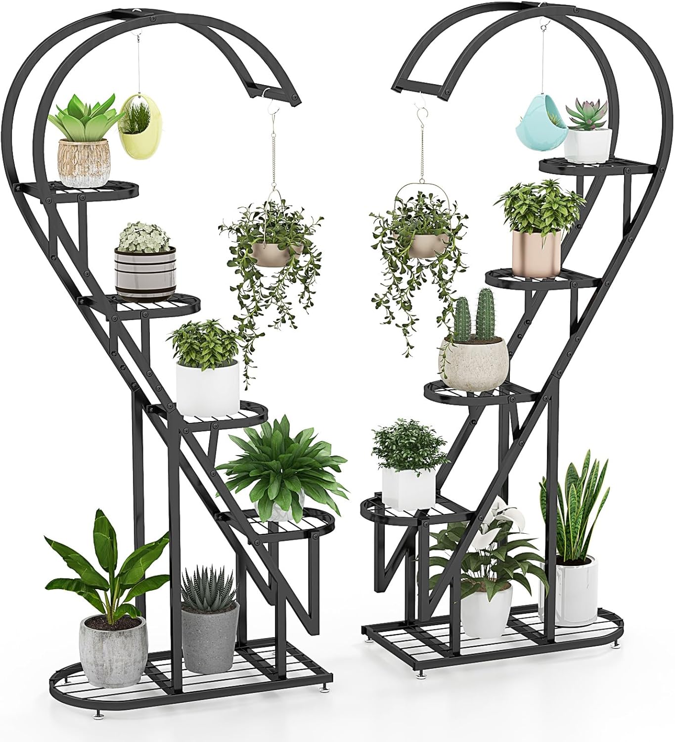 5-Tier Tall Plant Stand, 2-Pack Heart-shaped Ladder Plant Shelf with Hanging Hooks and Adjustable Foot Pads