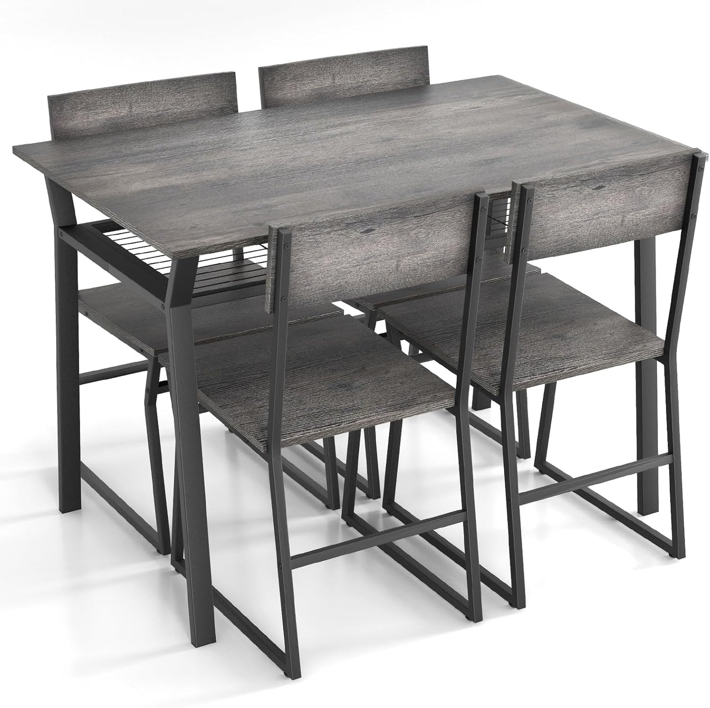 GiantexUK 5 PCS Dining Table Set, Industrial Table and Chairs Set with Storage Shelf and Reclining Seat Back