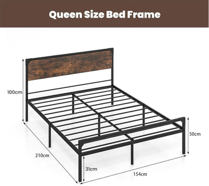 4FT6/5FT Bed Frame, 31cm Full/Queen Size Platform Bed with Rustic Headboard & Footboard