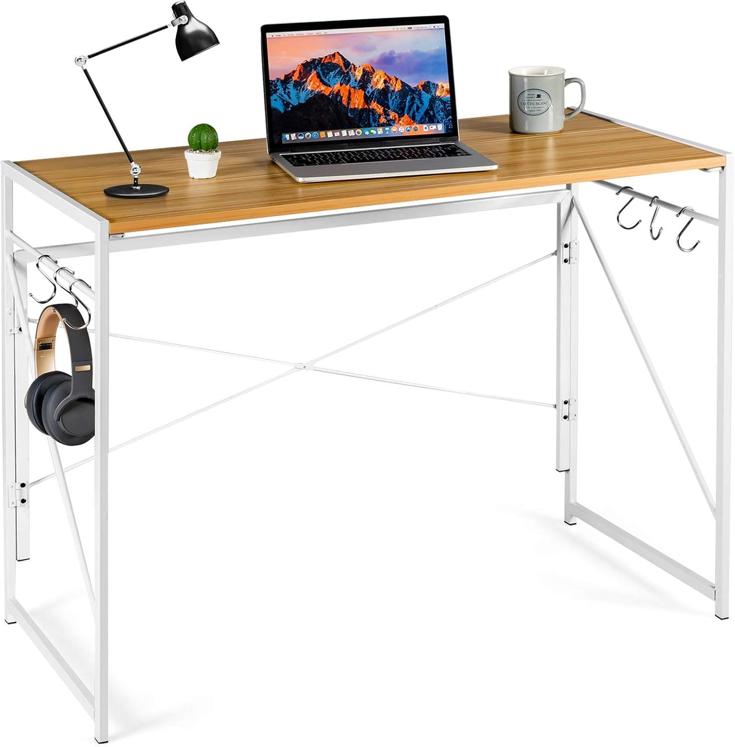 Folding Computer Desk, Modern Simple Study Desk Writing Workstation with 6 Hooks and Crossbars