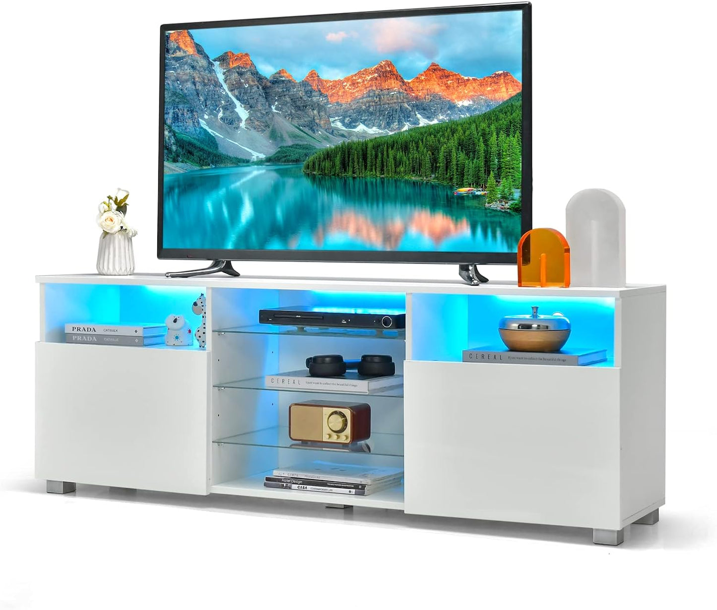 LED TV Stand for 65 Inch TVs, Wooden TV Cabinet Media Entertainment Center with RGB LED Lights