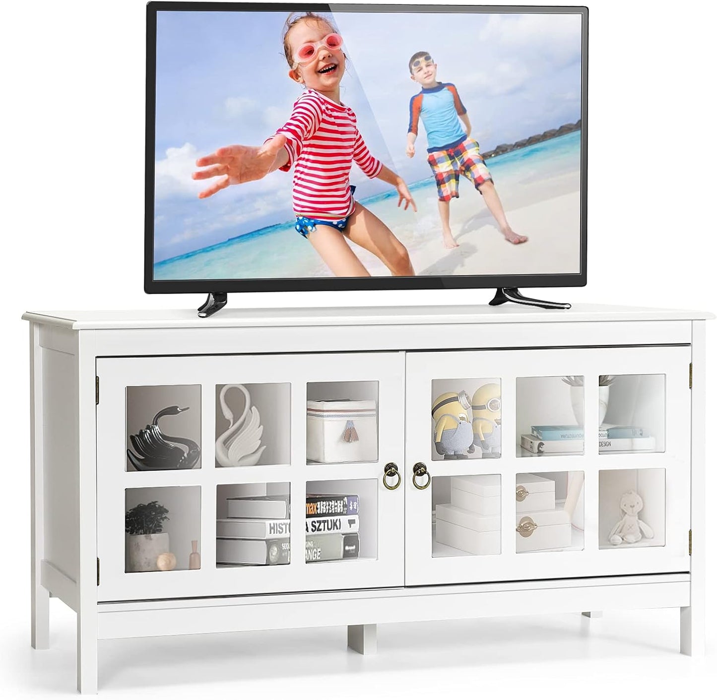 TV Stand for TVs up to 50'', Modern TV Cabinet Media Entertainment Center with Tempered Glass Doors