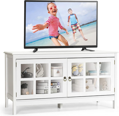 TV Stand for TVs up to 50'', Modern TV Cabinet Media Entertainment Center with Tempered Glass Doors