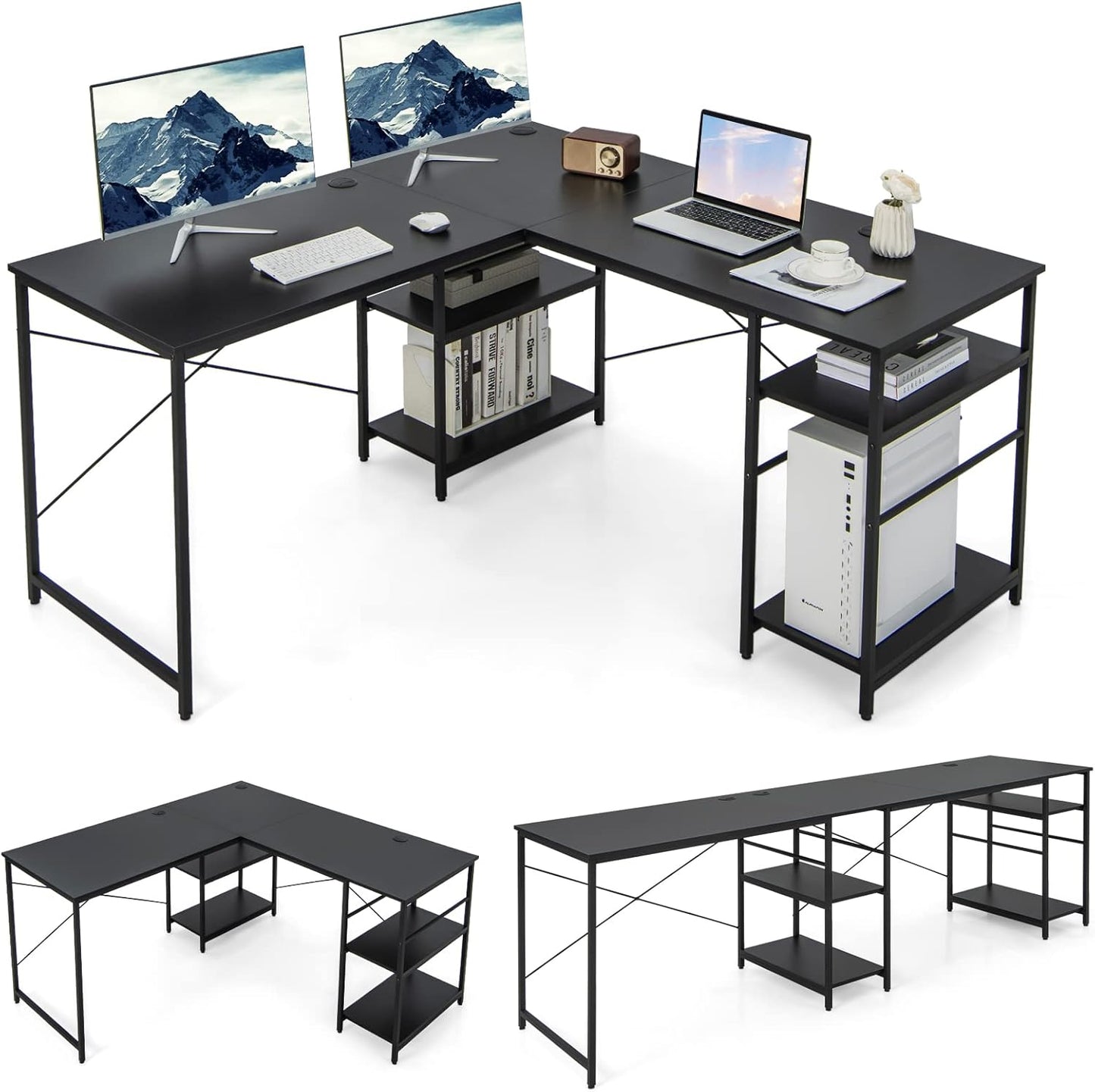 L-Shaped Computer Desk, 242cm Reversible Double Study Writing Workstation for 2 Person