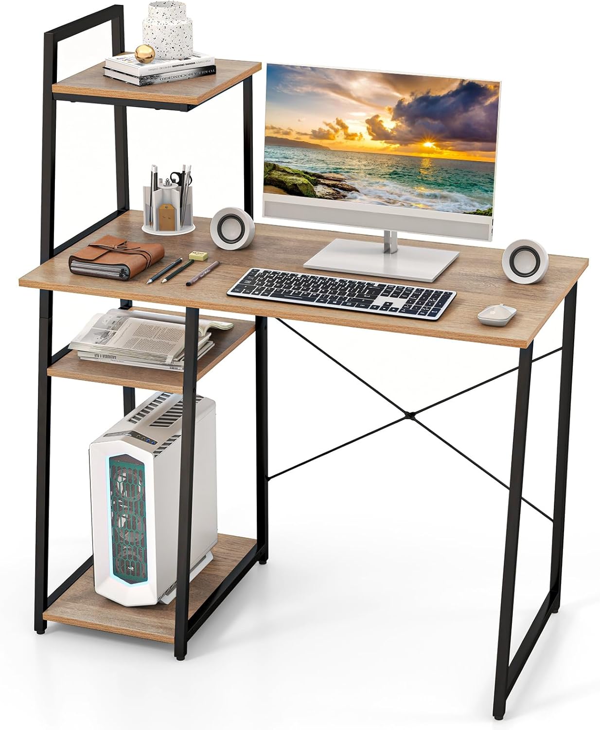 Computer Desk, 2-in-1 Bookshelf PC Workstation Laptop Table with 4 Tiers Storage Shelf