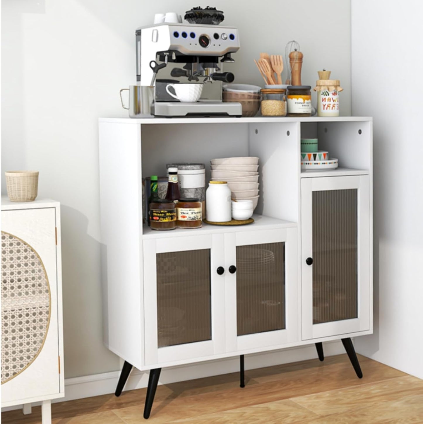 GiantexUK Kitchen Storage Cabinet, Wooden Buffet Sideboard with Tempered Glass Doors, Adjustable Shelves & Anti-toppling Device