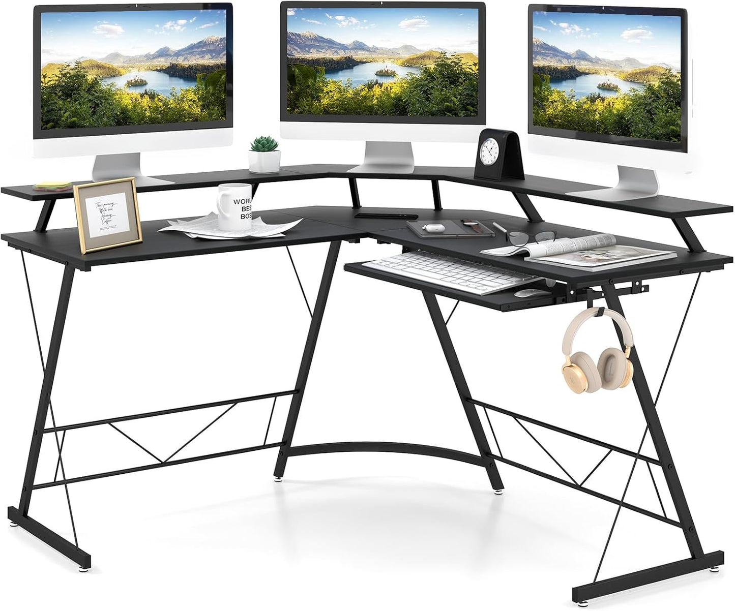 L-shaped Computer Desk, Large Office Desk Corner Desk with Power Outlet, Monitor Shelf & Keyboard Tray