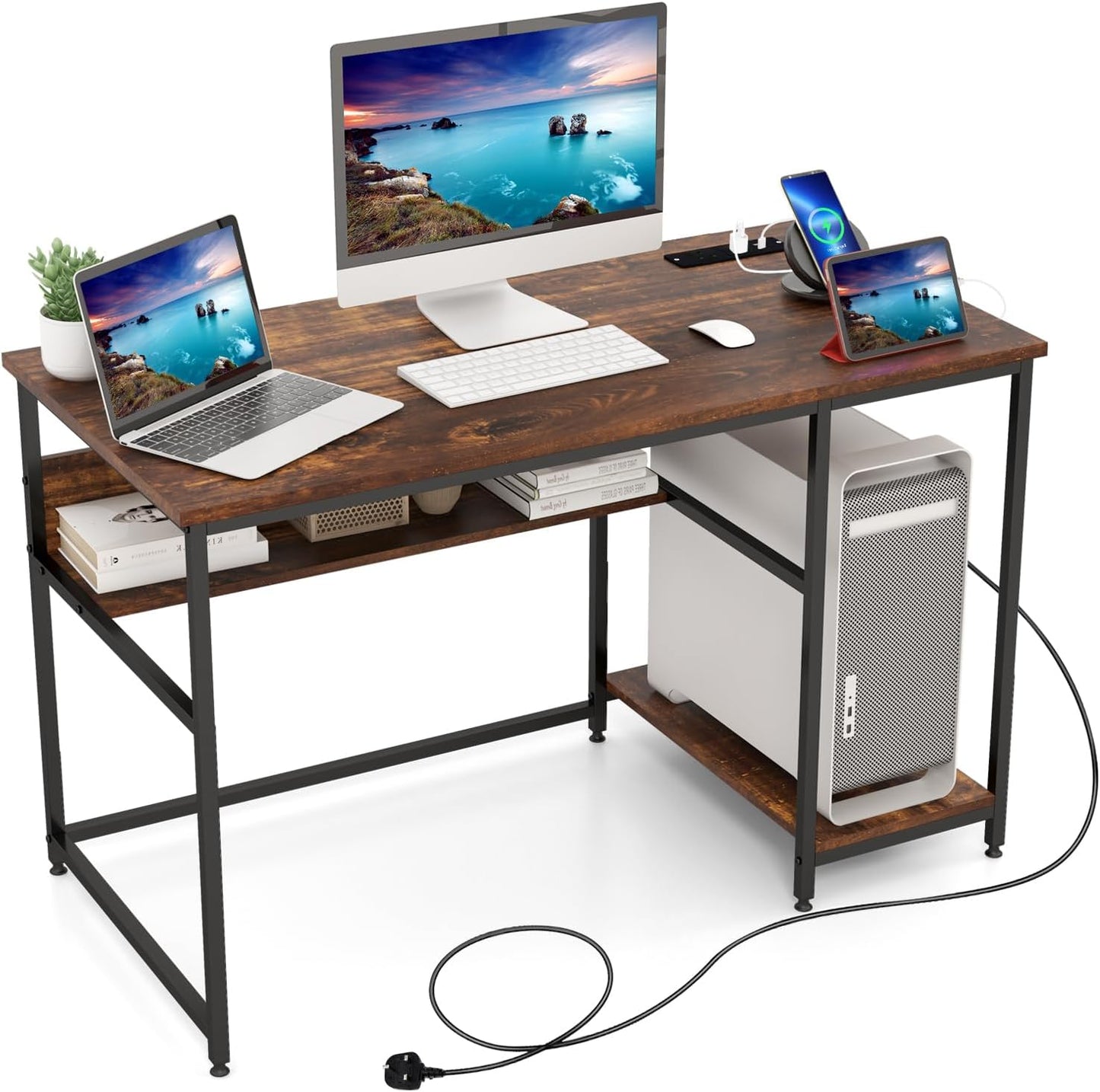 Computer Desk, 120CM Study Table Writing Workstation with Storage Shelf and CPU Stand