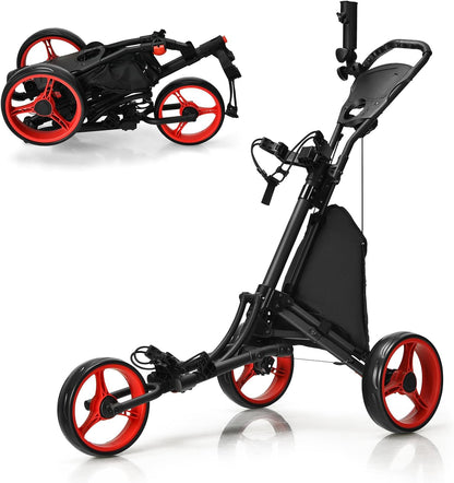 3 Wheel Golf Push Pull Cart, Lightweight Foldable Golf Trolley with Adjustable Height Handle