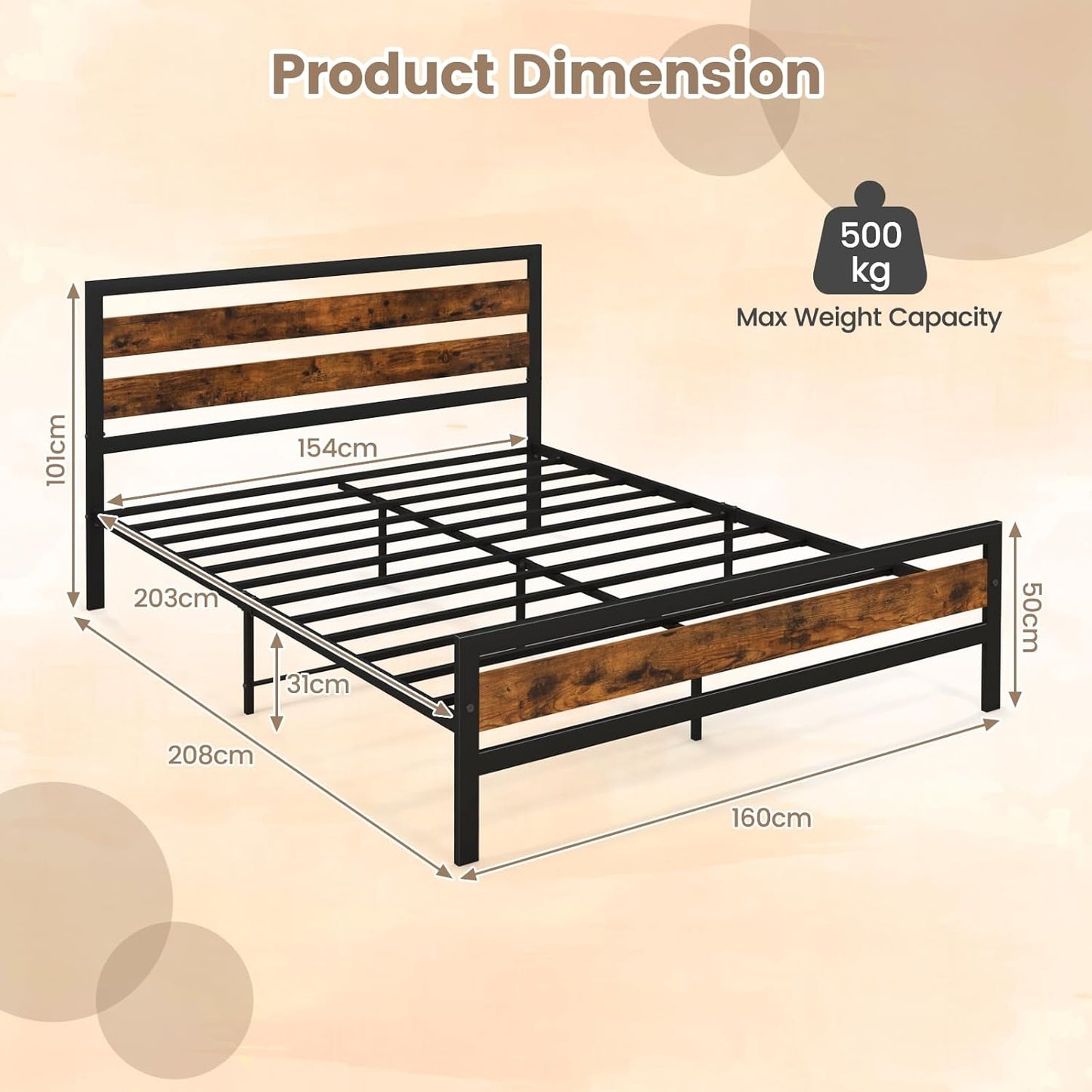 4FT6/5FT Platform Bed Frame, Double/King Metal Mattress Foundation with Slatted Headboard & Footboard