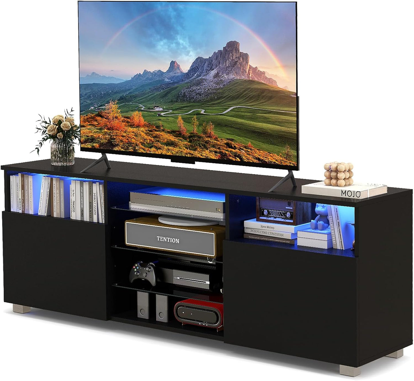 LED TV Stand for 65 Inch TVs, Wooden TV Cabinet Media Entertainment Center with RGB LED Lights