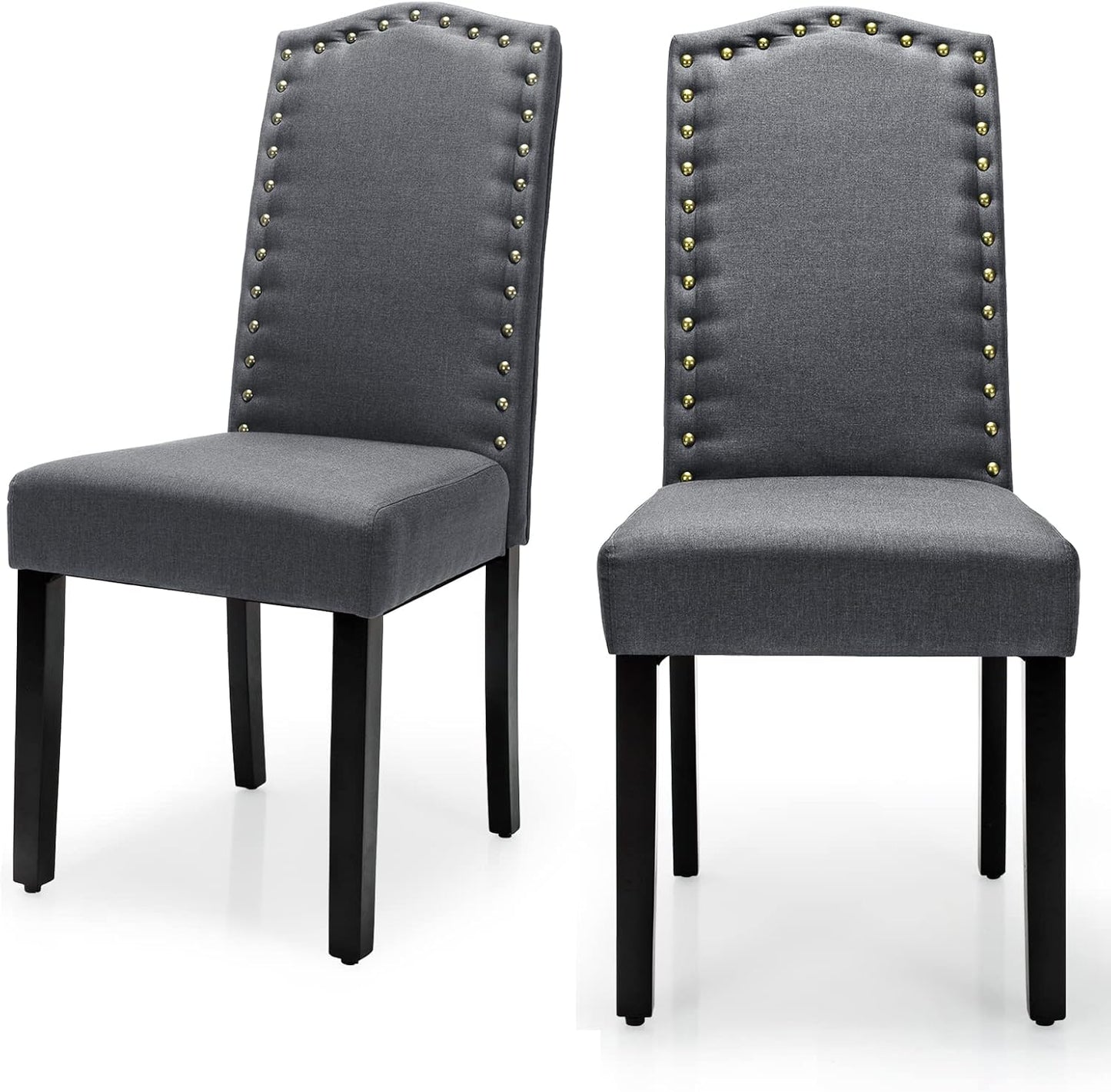 Dining Chairs Set of 2, Linen Fabric Upholstered High Back Kitchen Chairs with Nail Head Trim