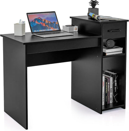 Computer Desk, Modern Writing Desk Compact Study Desk with Drawer & Storage Shelves