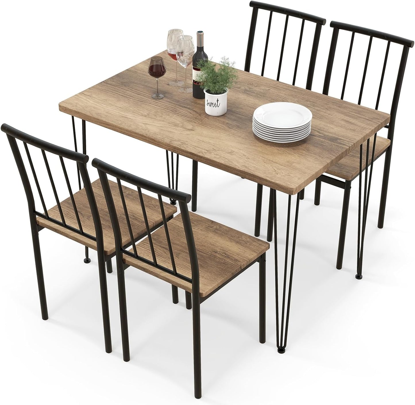 Dining Table and Chairs Set 4, 5 Piece Rectangular Kitchen Table and 4 Chairs with Curved Back & Foot Pads