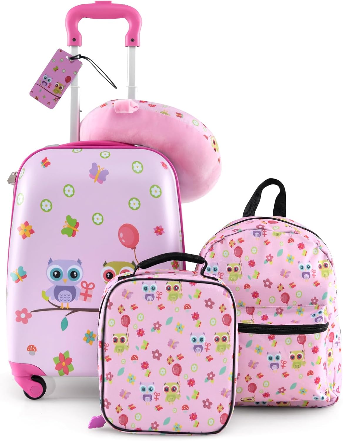 5Pcs Kids Luggage Set, 13" Backpack & 16" Children Hardshell Suitcase with Wheels, Neck Pillow