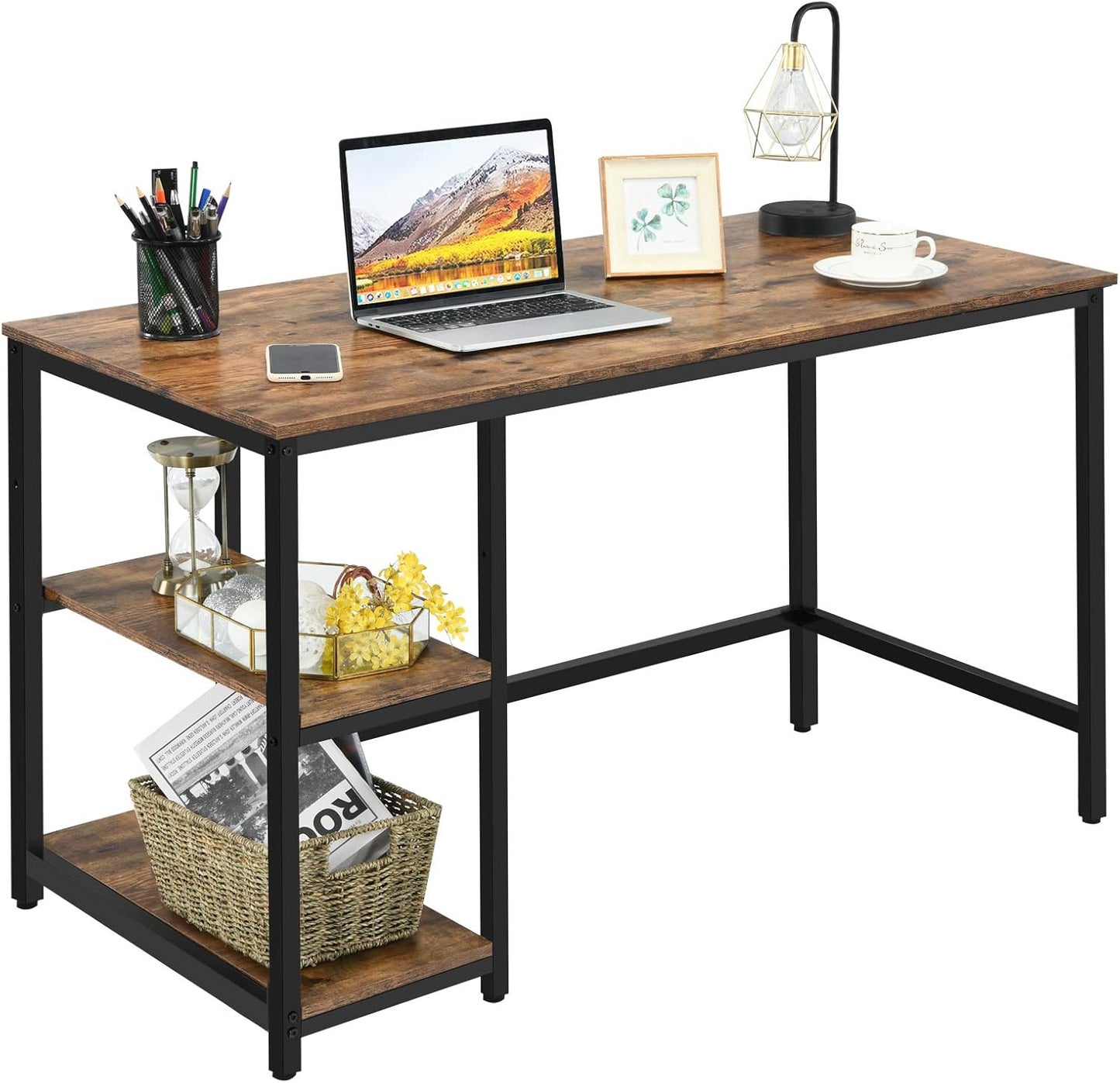 Computer Desk, Industrial Writing Workstation PC Laptop Table with 2-Tier Storage Shelves