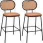 Bar Stools Set of 2, PU Leather Upholstered Bar Chairs with Imitation Rattan Backrest & Footrest