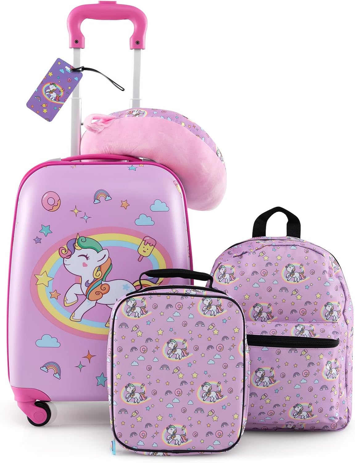 5Pcs Kids Luggage Set, 13" Backpack & 16" Children Hardshell Suitcase with Wheels, Neck Pillow