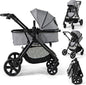 2 in 1 Baby Pushchair, Foldable Travel System Pram with Reversible Seat, Adjustable Canopy & Handle