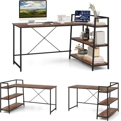 L-Shaped Computer Desk, Large Reversible Corner Desk with Open Storage Shelves