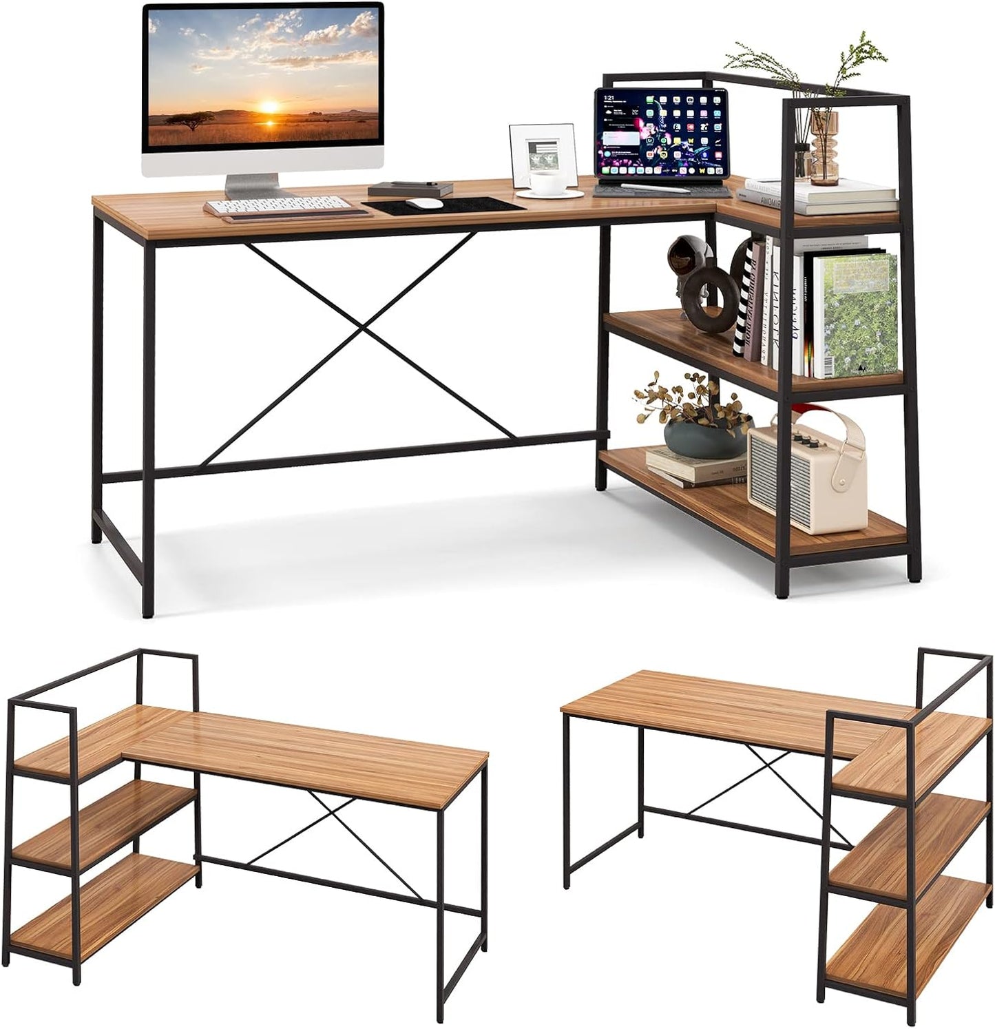 L-Shaped Computer Desk, Large Reversible Corner Desk with Open Storage Shelves