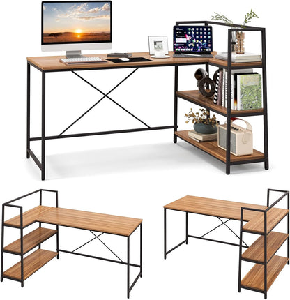 L-Shaped Computer Desk, Large Reversible Corner Desk with Open Storage Shelves